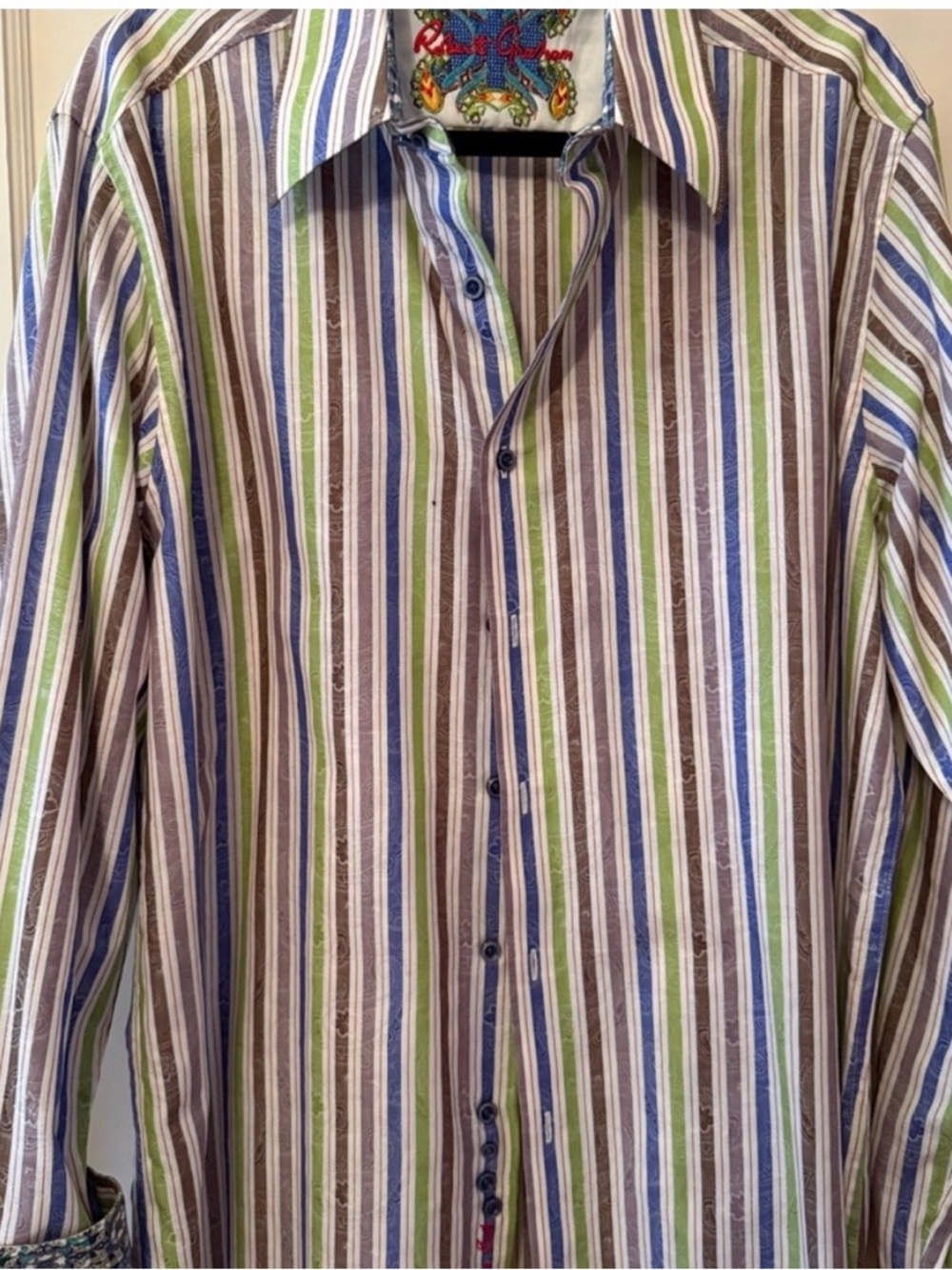 Robert Graham Striped Dress Shirt in Blue, Green & Brown